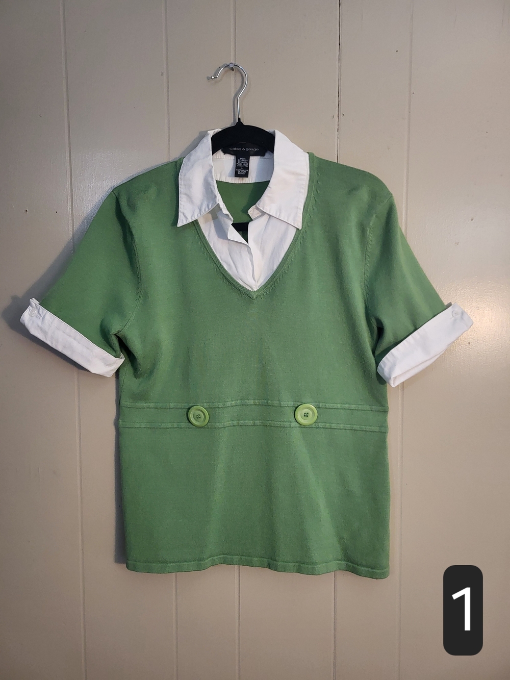 Women's Layered-Look Green Knit Top with White Collar And Big Buttons